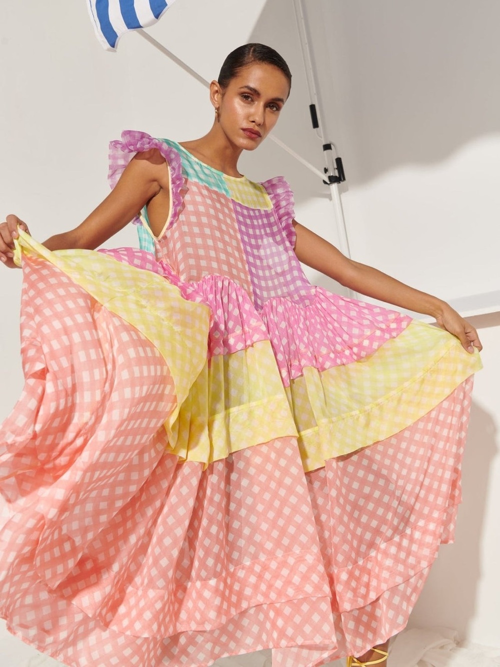 Celia B MANUELA DRESS Pastel Patchwork Checkers Midi Dress